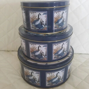 VTG NESTING  TIN CANISTER SET Of 3 CANADA GOOSE GEESE BLUE ROUND HOME DECOR